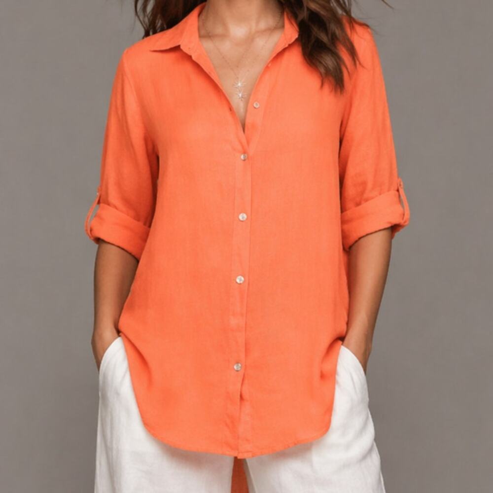 Rosemarine Italy 100% Linen Tunic Shirt M Orange Roll Tab Sleeve Coastal